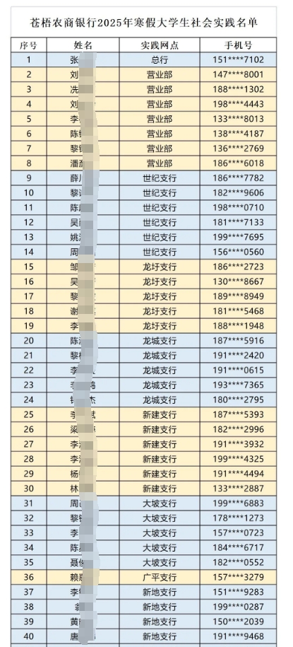 2025年蒼梧農商銀行大學生寒假社會實踐名單公布